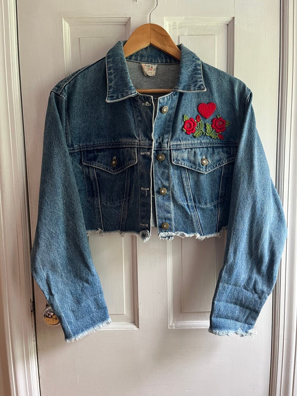 True Vintage 80s Maximum Energy USA Cropped Embroidered Denim Jacket, Size S/M